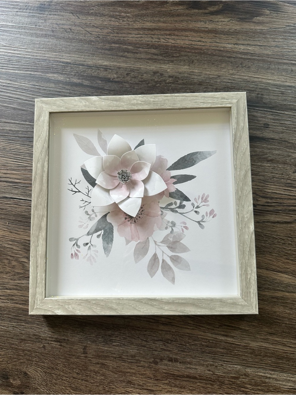 Framed Pink Floral Wall Art with 3D Flower Accent